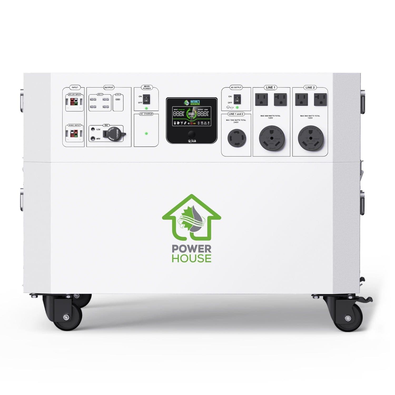 A large white Nature's Generator for home use features control switches, a display, and multiple front outlets. It's mounted on four caster wheels, with a green "POWER HOUSE" logo displayed on the front panel.