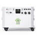 A large white Nature's Generator for home use features control switches, a display, and multiple front outlets. It's mounted on four caster wheels, with a green "POWER HOUSE" logo displayed on the front panel.