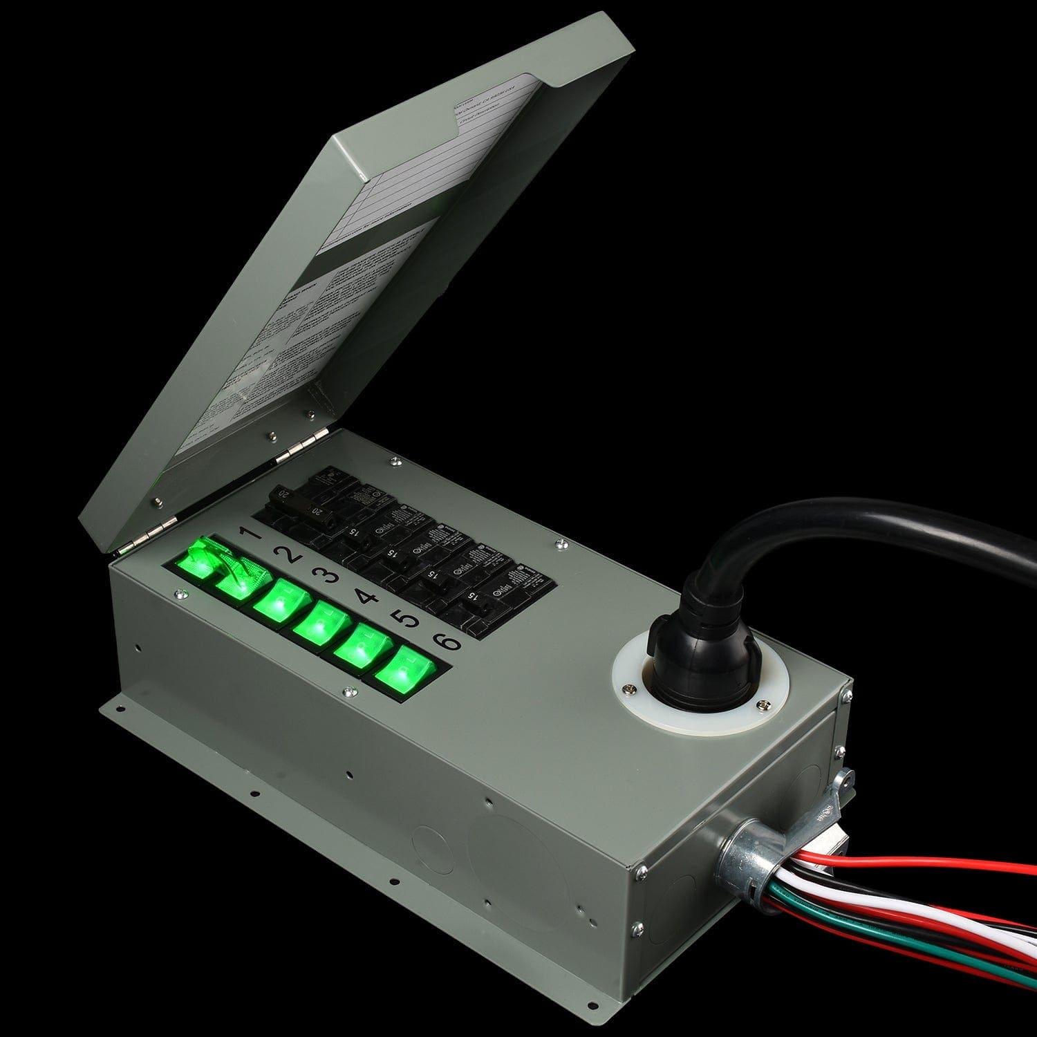 A Nature's Generator metal control box with an open hinged lid features five lit green rocker switches and several black switches, likely for home battery backup or generator use. Multiple cables connect to the box, set against a black background.
