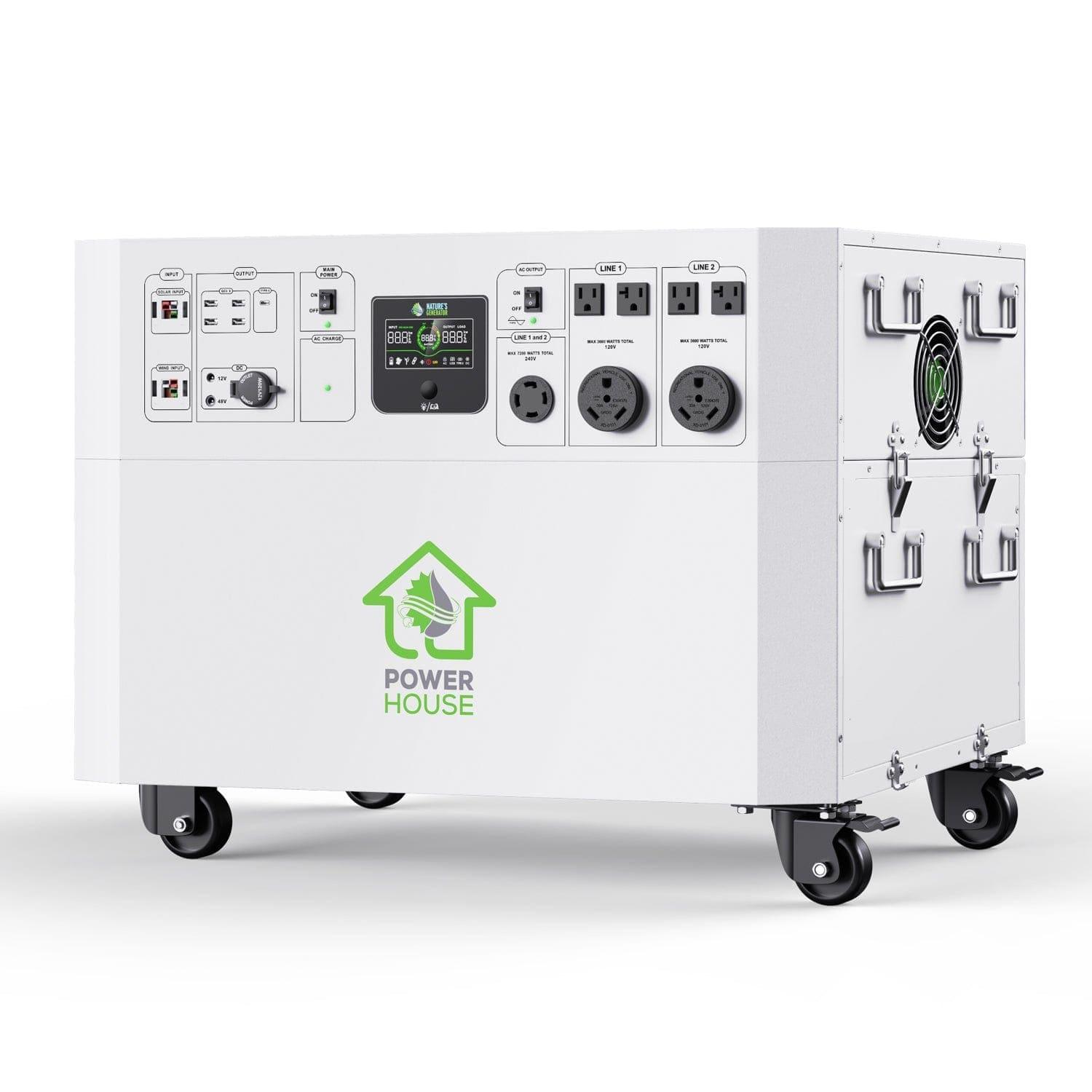 A white Nature's Generator portable electric generator for home use on wheels features multiple outlets, a digital display, ventilation fans, and the "Power House" logo with a green leaf and house icon on the front.