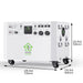 Nature's Generator white portable electric generator for home use features multiple outlets, control panels, a cooling fan, and four wheels. Dimensions: 720mm x 466mm x 568mm (28.3in x 18.3in x 22.4in).