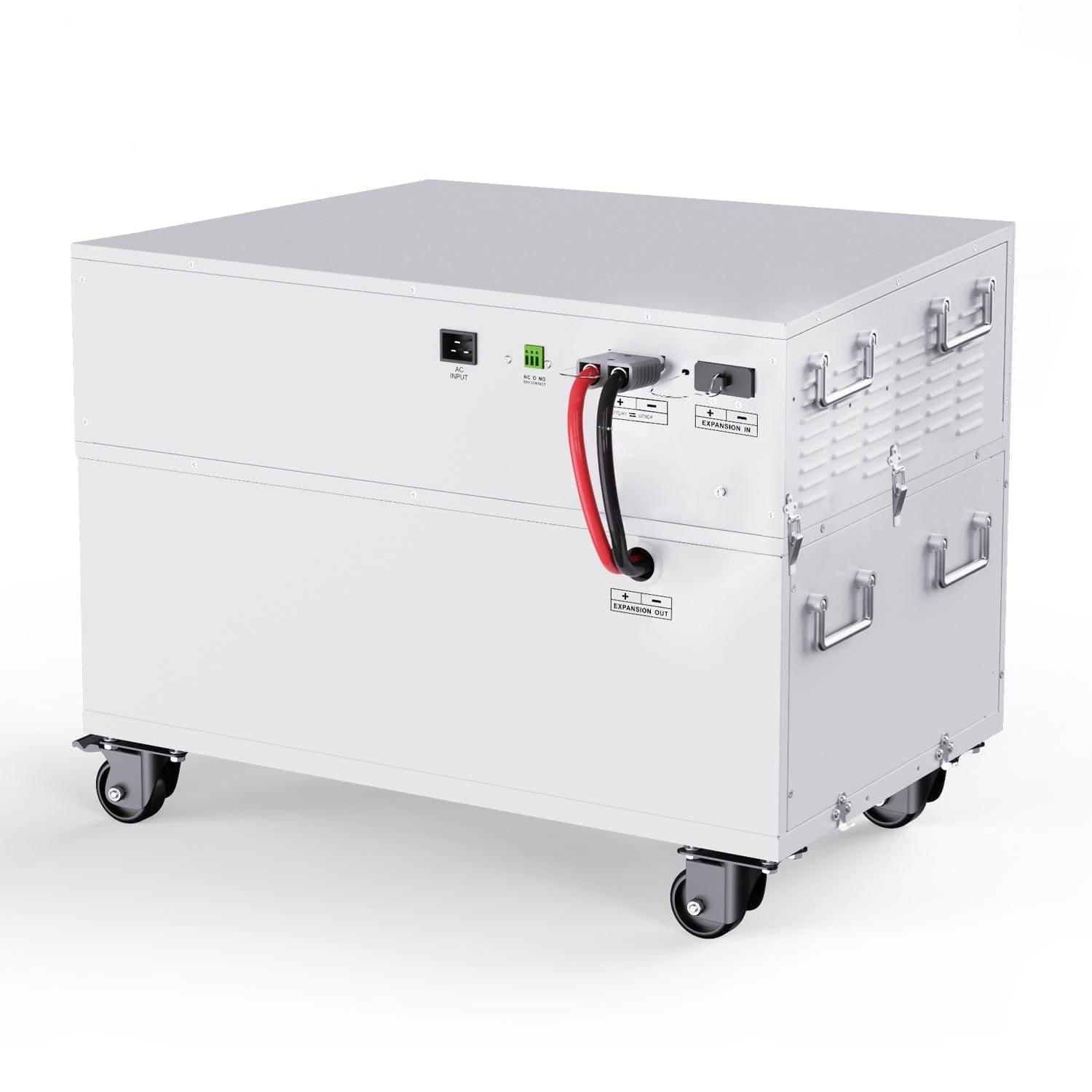 A white, box-shaped Nature's Generator home battery backup unit on four caster wheels, featuring vents, handles, indicator lights, a power switch, and red and black cables attached to the front panel.