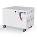 A white, box-shaped Nature's Generator home battery backup unit on four caster wheels, featuring vents, handles, indicator lights, a power switch, and red and black cables attached to the front panel.