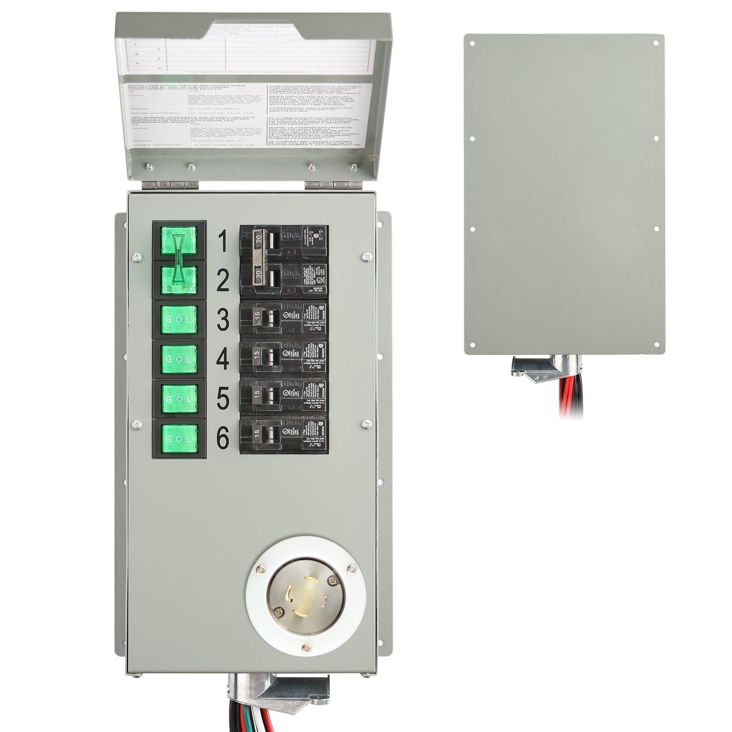The Nature's Generator gray metal transfer switch for home generators features six labeled switches, black circuit breakers, a circular power inlet, and an open lid showing instructions; pictured both open and closed.