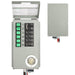 The Nature's Generator gray metal transfer switch for home generators features six labeled switches, black circuit breakers, a circular power inlet, and an open lid showing instructions; pictured both open and closed.