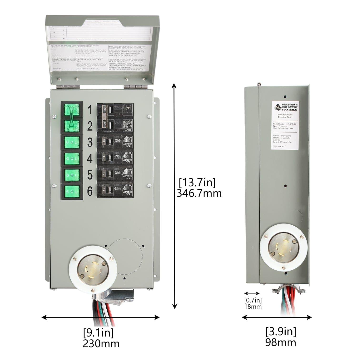 A Nature's Generator gray electrical control panel is shown from the front and side with labeled measurements: 13.7" tall, 9.1" wide, and 3.9" deep. Ideal for home battery backup, it features switches, breakers, and a round socket at the bottom.