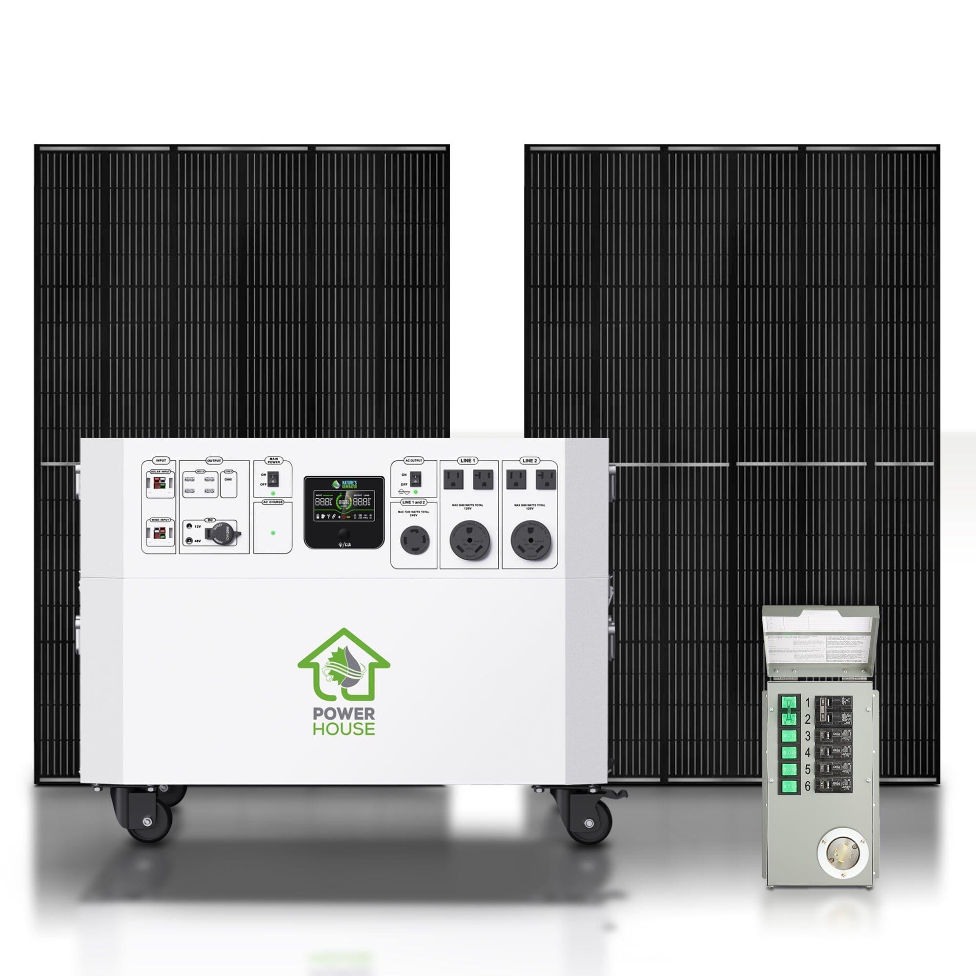 A Nature's Generator portable electric generator for home use with wheels and multiple outlets is placed in front of two large solar panels, alongside a digital control panel. The power station features the green "Power House" logo.