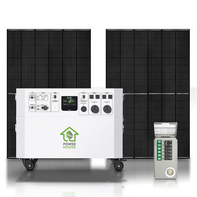 A Nature's Generator portable electric generator for home use with wheels and multiple outlets is placed in front of two large solar panels, alongside a digital control panel. The power station features the green "Power House" logo.