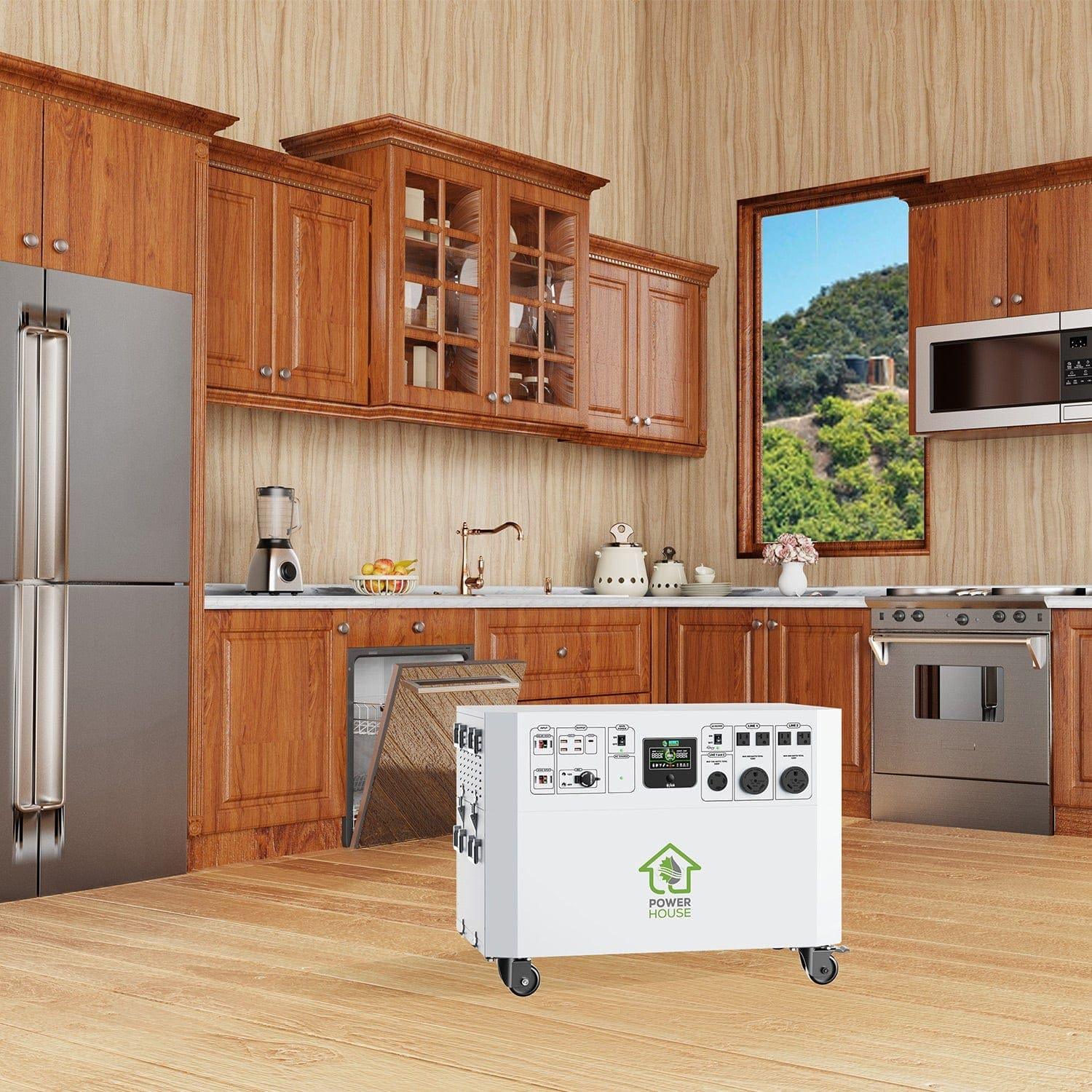 A Nature's Generator white portable electric generator sits on the floor of a modern kitchen with wooden cabinets, stainless steel appliances, and a window showcasing a scenic outdoor view.