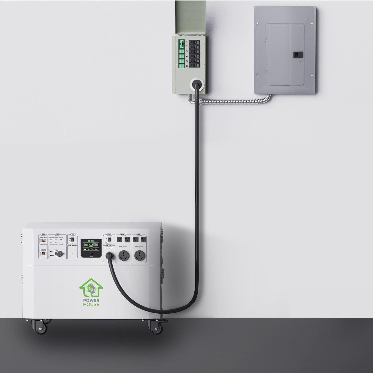 A Nature's Generator portable electric generator for home use on wheels is connected by a thick black cable to an electrical transfer switch and a main panel mounted on a white wall.