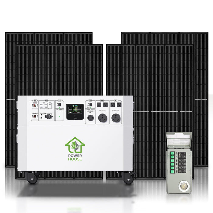 A portable Nature's Generator power station sits before large black solar panels, providing pure sine wave power for reliable whole house solar battery backup. A gray electrical panel with multiple switches stands to the right.