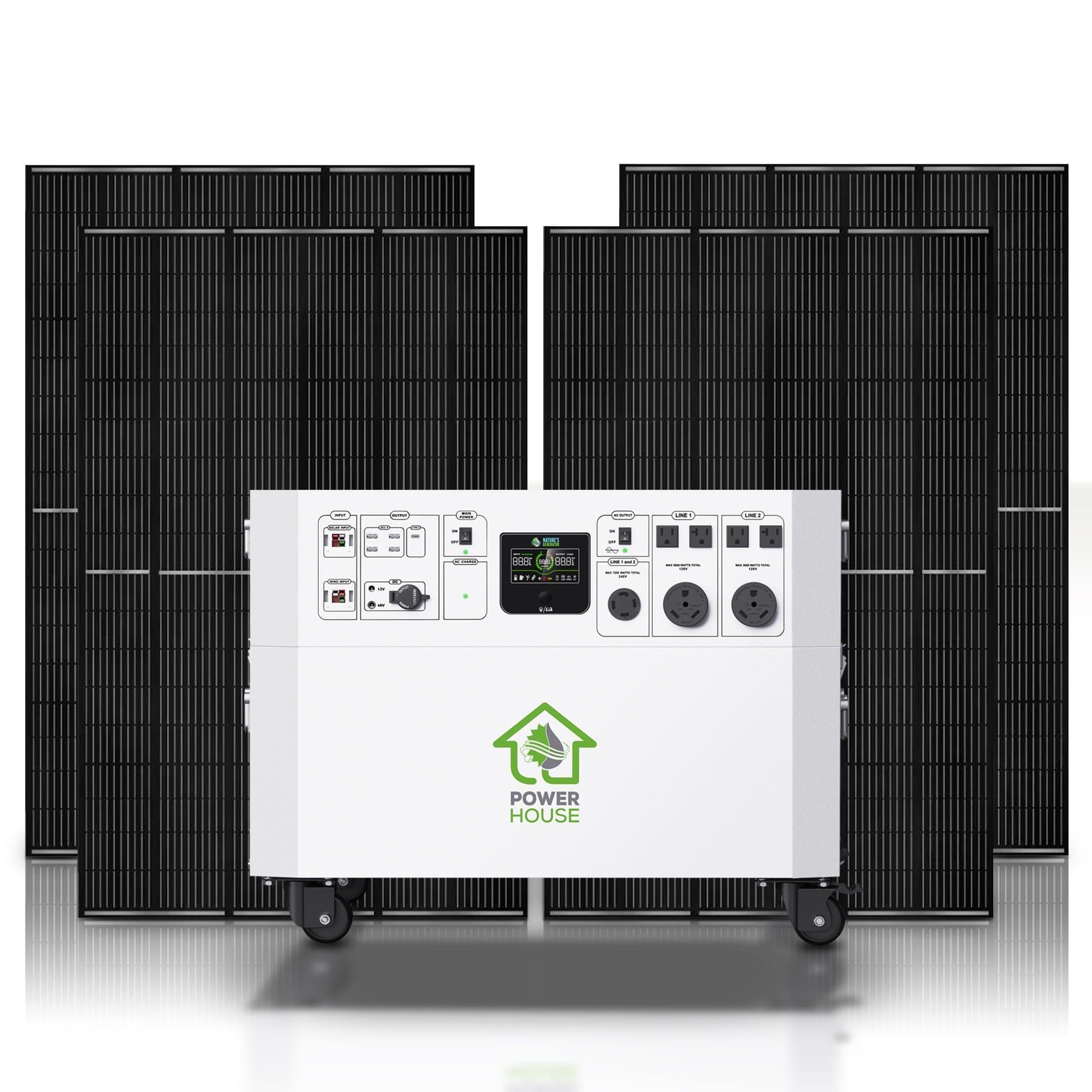 The Nature's Generator portable power station with wheels, labeled "Power House," stands before six large black solar panels. This versatile home generator features multiple ports, switches, and digital displays for reliable backup power.