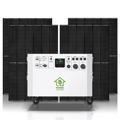 The Nature's Generator portable power station with wheels, labeled "Power House," stands before six large black solar panels. This versatile home generator features multiple ports, switches, and digital displays for reliable backup power.