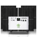 A portable white Nature's Generator power station on wheels stands before large black solar panels, showcasing a reliable home electric generator or battery backup, all set against a plain white background.