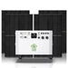 The Nature's Generator portable power station with wheels, labeled "Power House," stands before six large black solar panels. This versatile home generator features multiple ports, switches, and digital displays for reliable backup power.