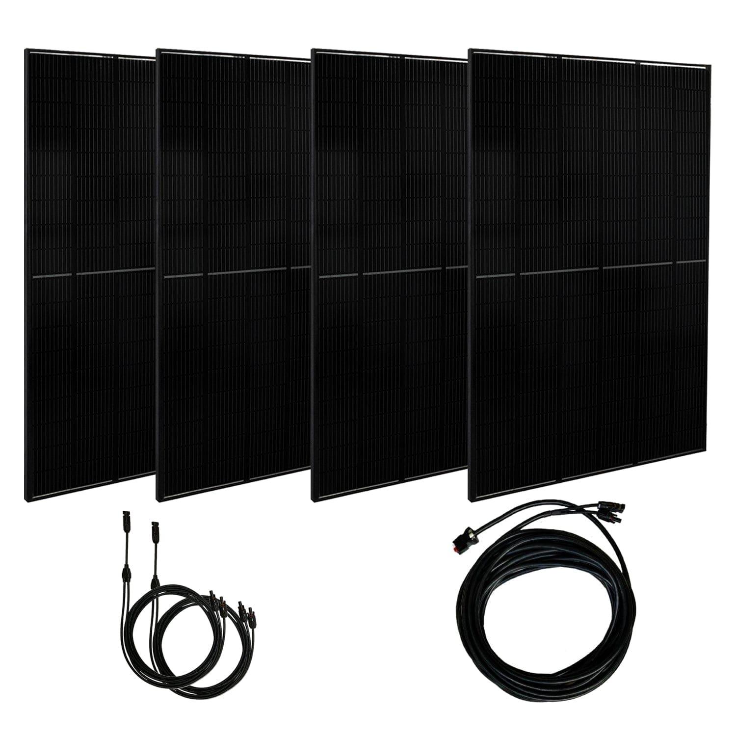 Four black rectangular Nature's Generator solar panels stand upright side by side, with two sets of coiled black cables and connectors in front—perfect for pairing with a home battery backup or electric generator.