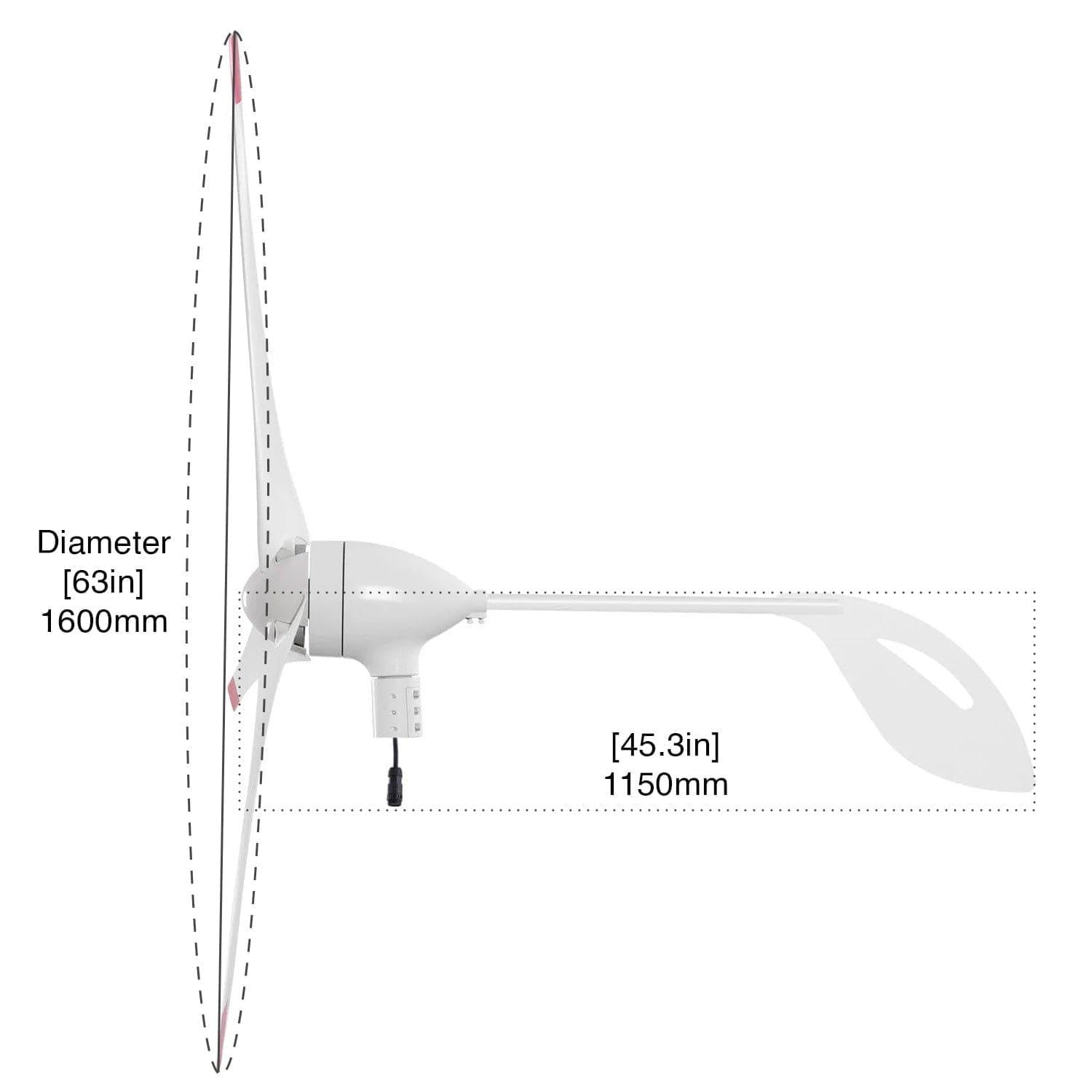 Side view of Nature's Generator white wind turbine, rotor diameter 1600 mm (63 in), length 1150 mm (45.3 in); ideal electric generator for home, labeled dimensions in mm and inches.