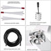 Four labeled images show: two white Nature's Generator wind turbine blades with red tips, a cylindrical home electric generator with cable, a coiled 100-foot black cable, and a close-up of a metal flange on the blades.