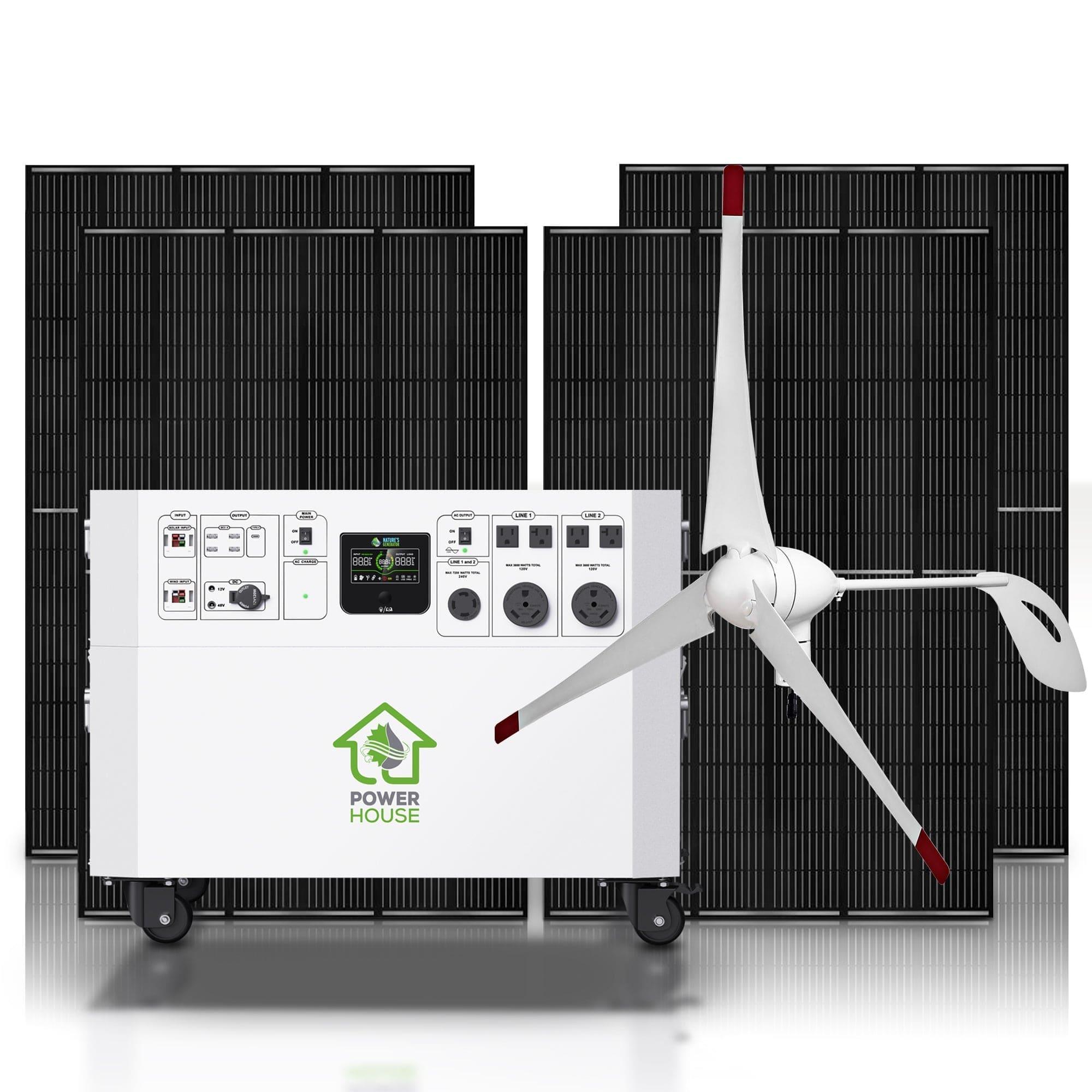 A Nature's Generator portable electric generator with wind turbine attachment is positioned before two large solar panels. It features multiple control panels and outlets, labeled "POWER HOUSE" with a green logo.