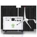 A Nature's Generator portable power station stands before four large solar panels and a white wind turbine with red tips, demonstrating its versatility as a hybrid solar and wind generator for off-grid power needs.