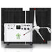 A Nature's Generator portable electric generator with wind turbine attachment is positioned before two large solar panels. It features multiple control panels and outlets, labeled "POWER HOUSE" with a green logo.