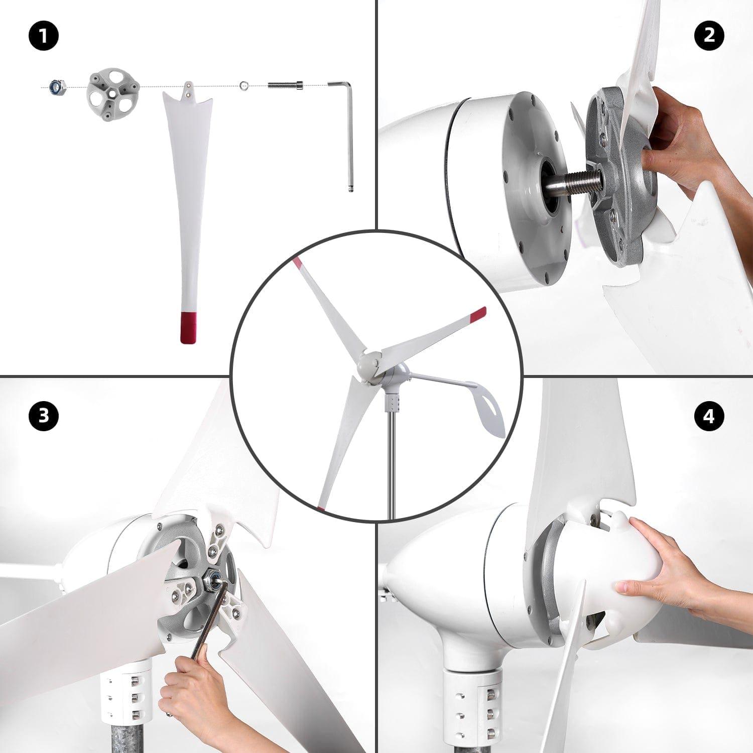 Four-step assembly of a white Nature's Generator wind turbine: attach blade, secure hub, fasten bolts with wrench, add nose cone. Hands visible handling parts. Perfect for pairing with an electric generator for home backup power.