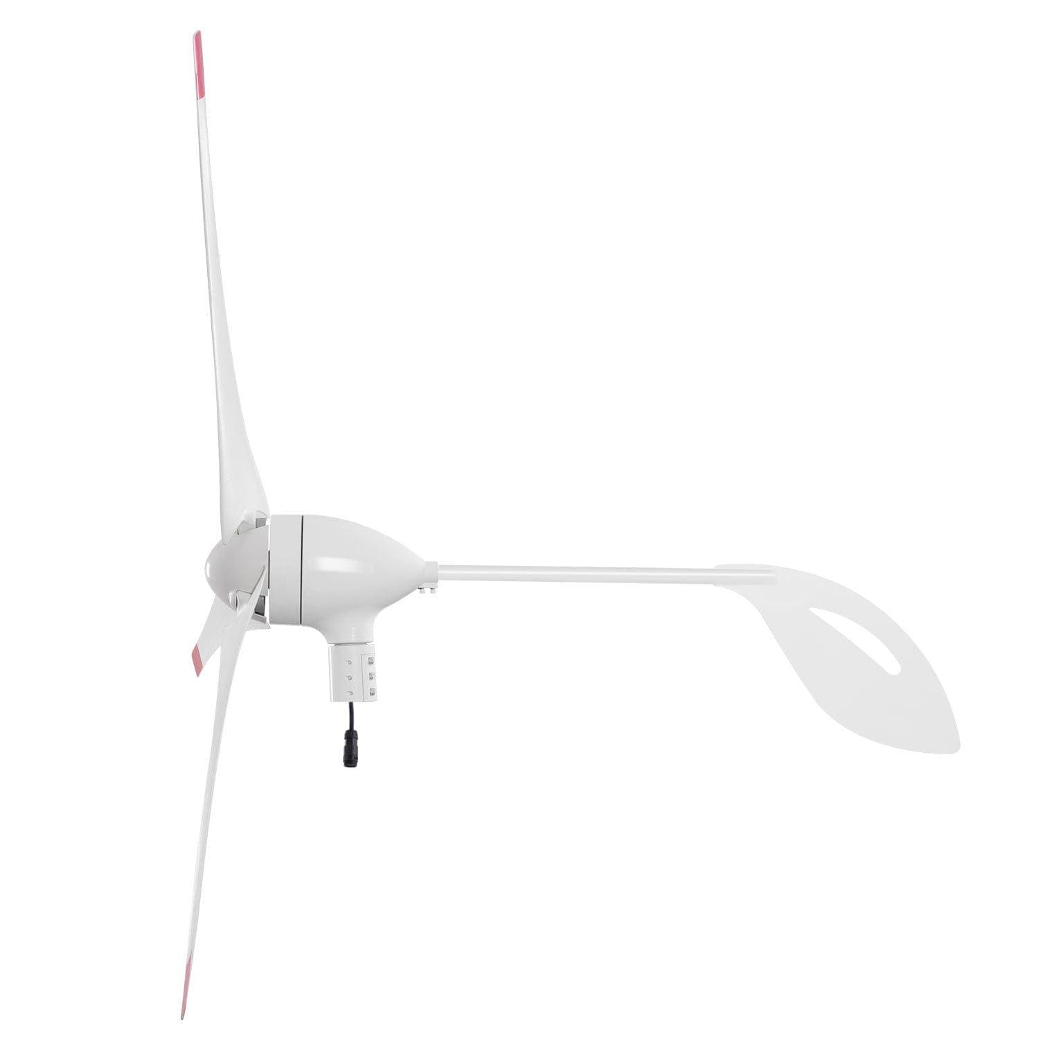 Side view of a white wind turbine by Nature's Generator featuring three blades, a central housing unit, and a tail fin on a plain white background—an eco-friendly alternative to traditional home electric generators.