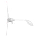 Side view of a white wind turbine by Nature's Generator featuring three blades, a central housing unit, and a tail fin on a plain white background—an eco-friendly alternative to traditional home electric generators.