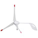 Nature’s Generator presents a white three-blade wind turbine for home battery backup or power generation, featuring red tips on two blades and a curved, perforated third blade, all attached to a central hub with cable.