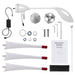 Nature's Generator wind turbine kit components shown on a white background: red-tipped blades, mounting hardware, electrical adapter, turbine body, cover pieces, and manual—an eco-friendly backup power solution for your home.