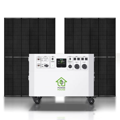 A Nature's Generator portable power station on wheels, perfect for home battery backup, sits before two large black solar panels. The unit has multiple outlets, control buttons, a digital display, and a "Nature's Generator" logo on the front.