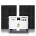 A Nature's Generator portable power station on wheels, perfect for home battery backup, sits before two large black solar panels. The unit has multiple outlets, control buttons, a digital display, and a "Nature's Generator" logo on the front.