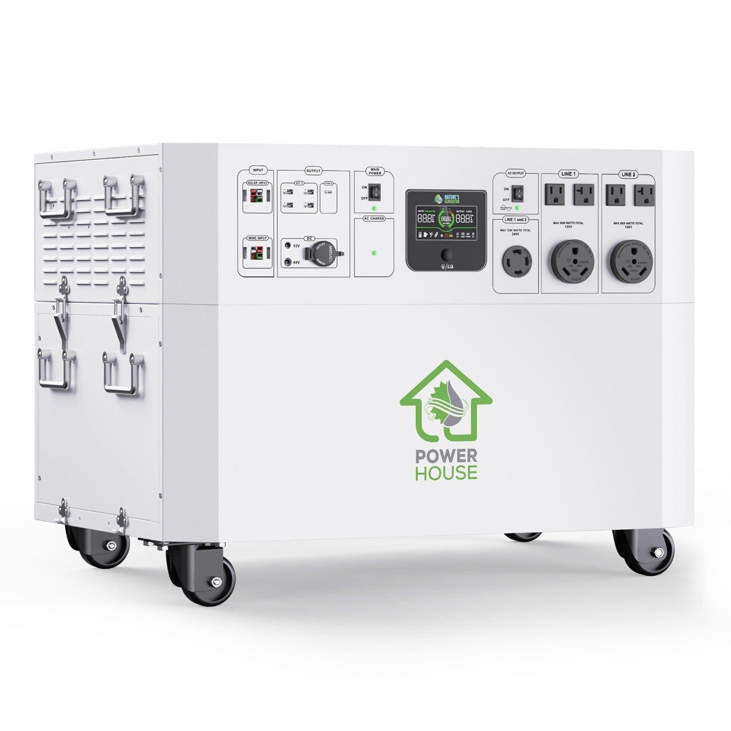 The Nature's Generator is a white portable electric generator for home, featuring control panels, multiple outlets, ventilation grilles, “Power House” logo on the side, and four caster wheels—ideal as a whole house generator.