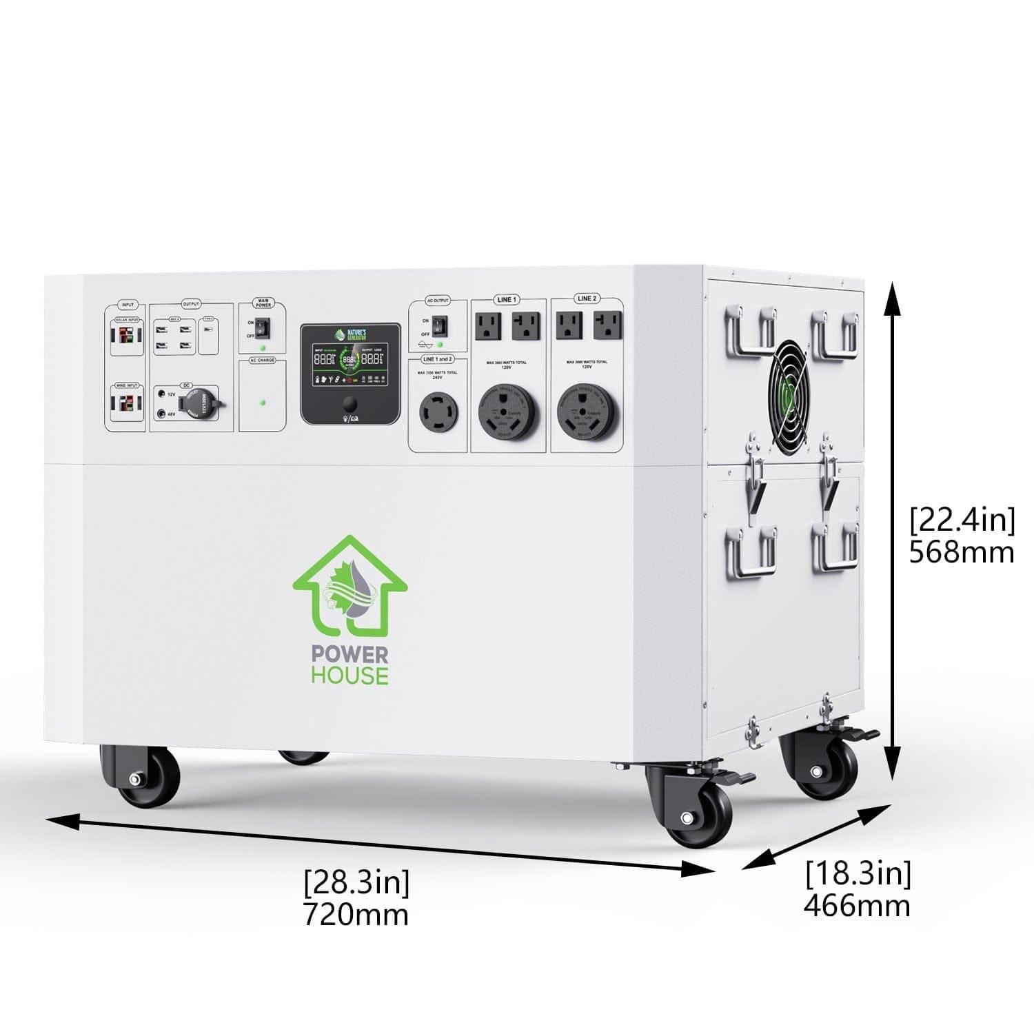 The Nature's Generator is a white home electric generator featuring multiple outlets, control panels, and four wheels. Ideal for whole-house use, it measures 22.4"H x 28.3"W x 18.3"D.