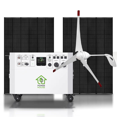 A white portable electric generator for home use by Nature's Generator features attached solar panels and a wind turbine on wheels, making it ideal as a whole house generator—displayed against a plain white background.