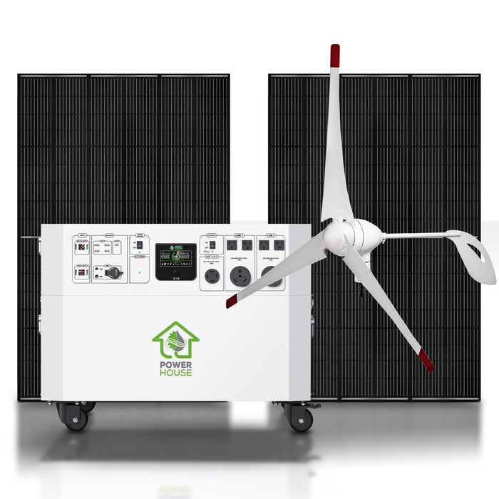 The Nature's Generator Power House is a portable solar and wind hybrid generator with wheels, rear solar panels, and a front three-blade wind turbine. It provides whole house backup with multiple ports, controls, and a pure sine wave inverter.