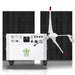 A white portable electric generator for home use by Nature's Generator features attached solar panels and a wind turbine on wheels, making it ideal as a whole house generator—displayed against a plain white background.