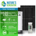 Nature's Generator system, shown with solar panels and power units, is ideal for home battery backup. It offers 11,520 peak watts, 5,760 running watts, solar/wind/AC charging, an expandable design, and replaceable batteries.