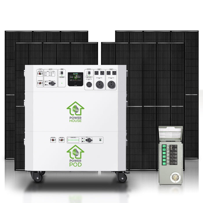The Nature's Generator solar power system includes four black solar panels, a white Power House Power Pod with control panels and wheels, a gray breaker box, and a 9600Wh whole house solar battery backup for reliable, pure sine wave power.