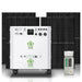 The Nature's Generator solar power system includes four black solar panels, a white Power House Power Pod with control panels and wheels, a gray breaker box, and a 9600Wh whole house solar battery backup for reliable, pure sine wave power.