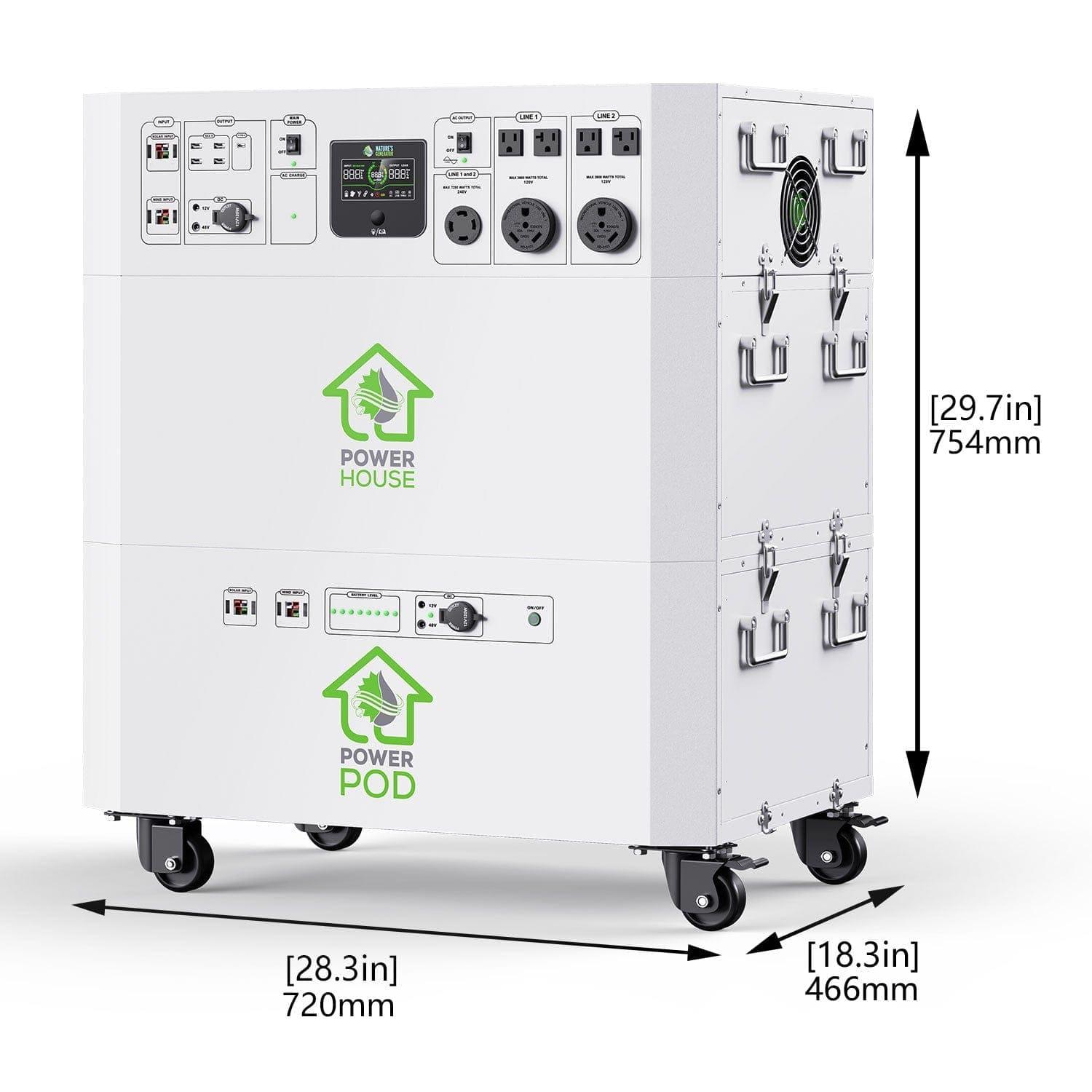Nature's Generator large white portable power station on wheels, labeled "Power House" and "Power Pod," features multiple switches, outlets, and ports—ideal as a home battery backup. Dimensions: 754mm H x 720mm W x 466mm D.