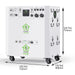 Nature's Generator large white portable power station on wheels, labeled "Power House" and "Power Pod," features multiple switches, outlets, and ports—ideal as a home battery backup. Dimensions: 754mm H x 720mm W x 466mm D.