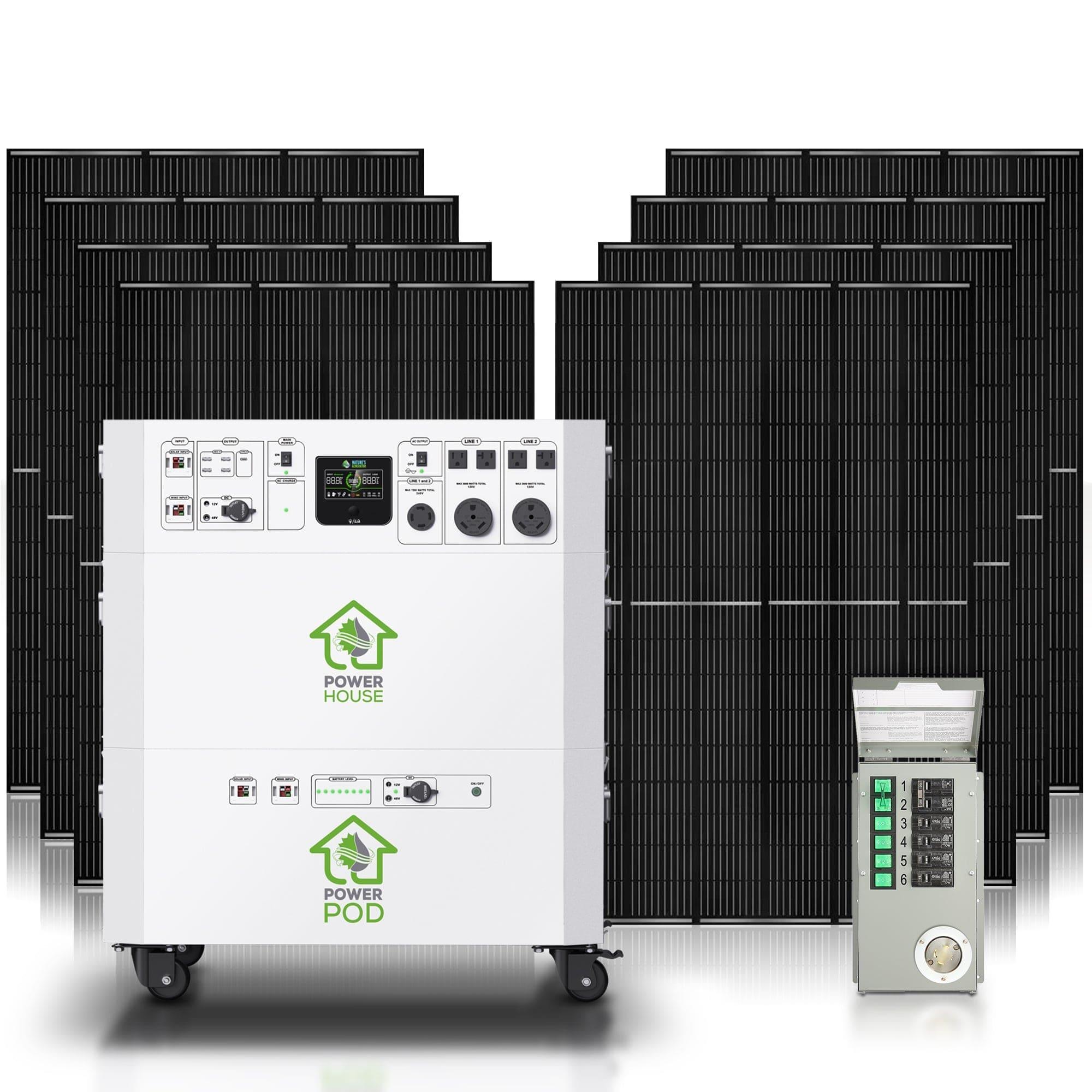 A Nature's Generator solar power system is shown with eight large black solar panels, a white "Power House" and "Power Pod" battery backup unit, and a gray electrical panel or breaker box.