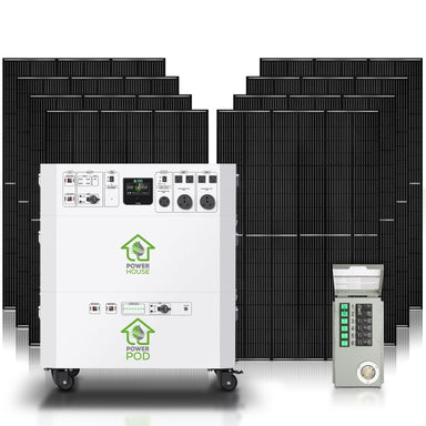 A Nature's Generator solar power system is shown with eight large black solar panels, a white "Power House" and "Power Pod" battery backup unit, and a gray electrical panel or breaker box.