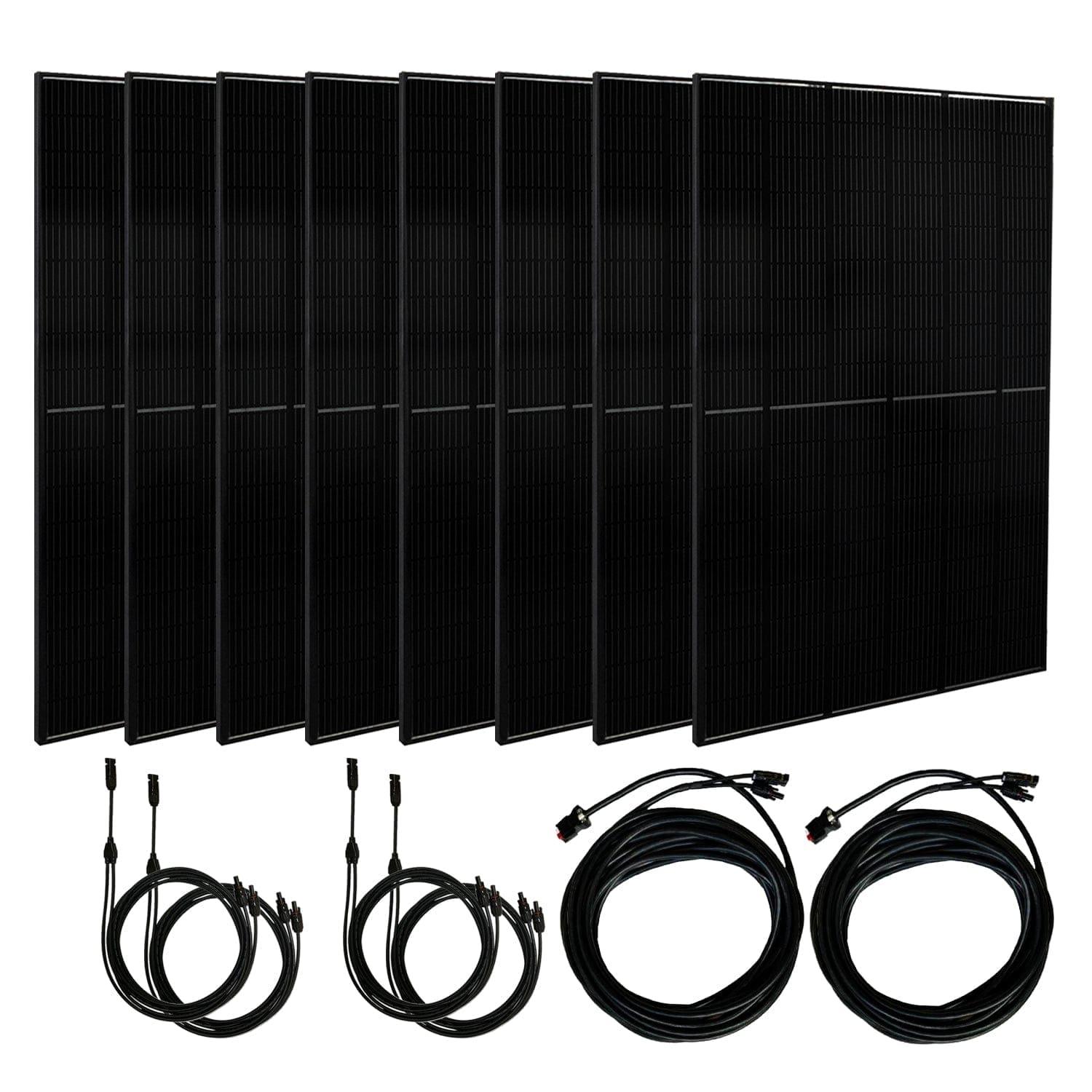 Eight black Nature's Generator solar panels stand upright in a row behind four coiled black cables with connectors, all arranged on a white background—perfect for a home battery backup system.