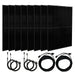 Eight black Nature's Generator solar panels stand upright in a row behind four coiled black cables with connectors, all arranged on a white background—perfect for a home battery backup system.