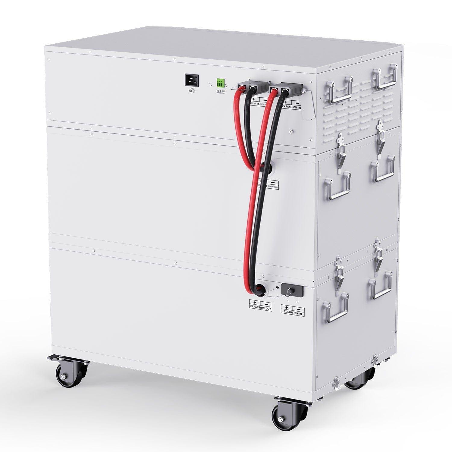 A large, rectangular white Nature's Generator home battery backup unit with multiple latches, vents, and handles, connected by red and black cables, sits on four caster wheels against a plain white background.