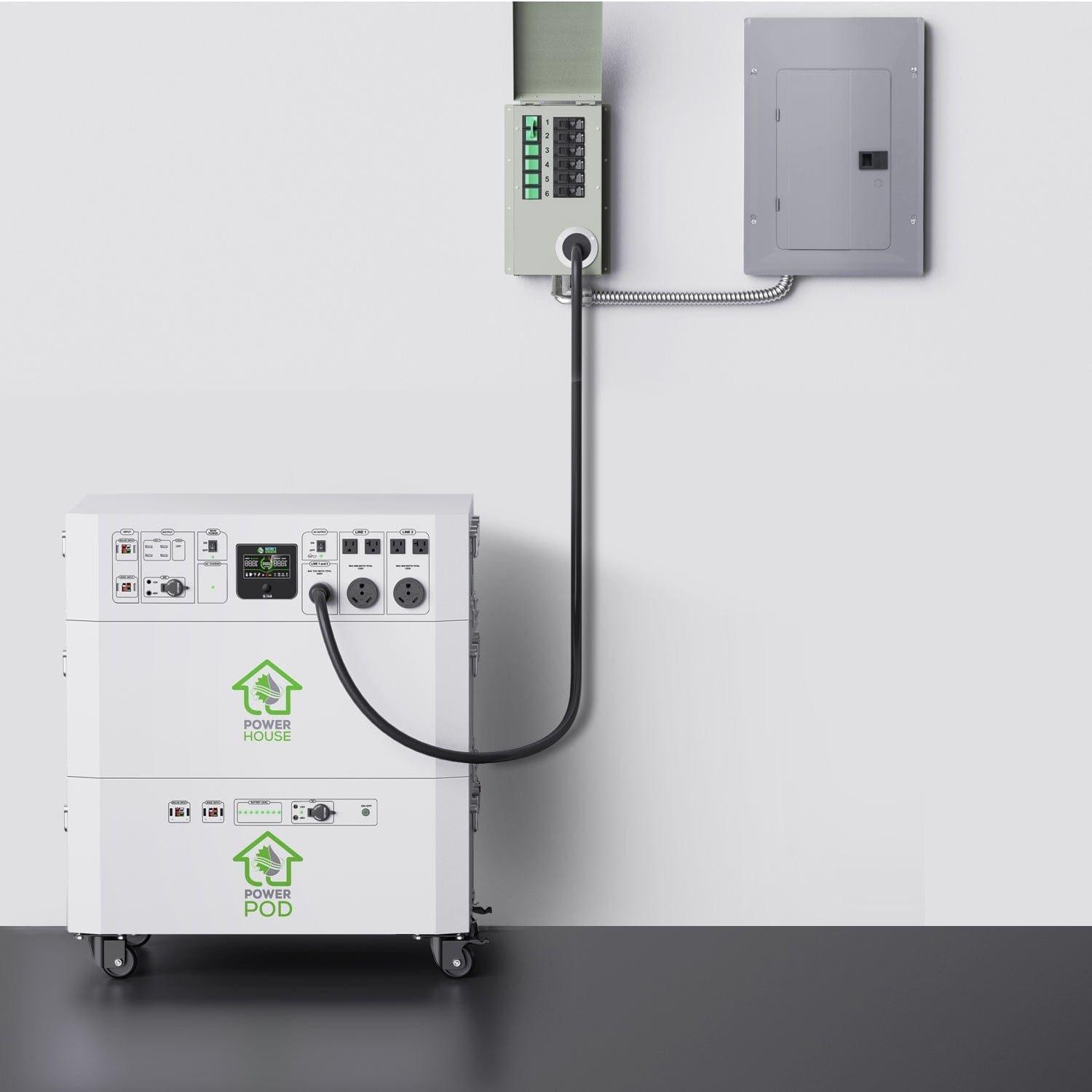 A portable Nature's Generator battery backup system labeled "Power House" and "Power Pod" connects to a wall-mounted panel via a thick cable, providing efficient home power backup in a clean indoor setting.