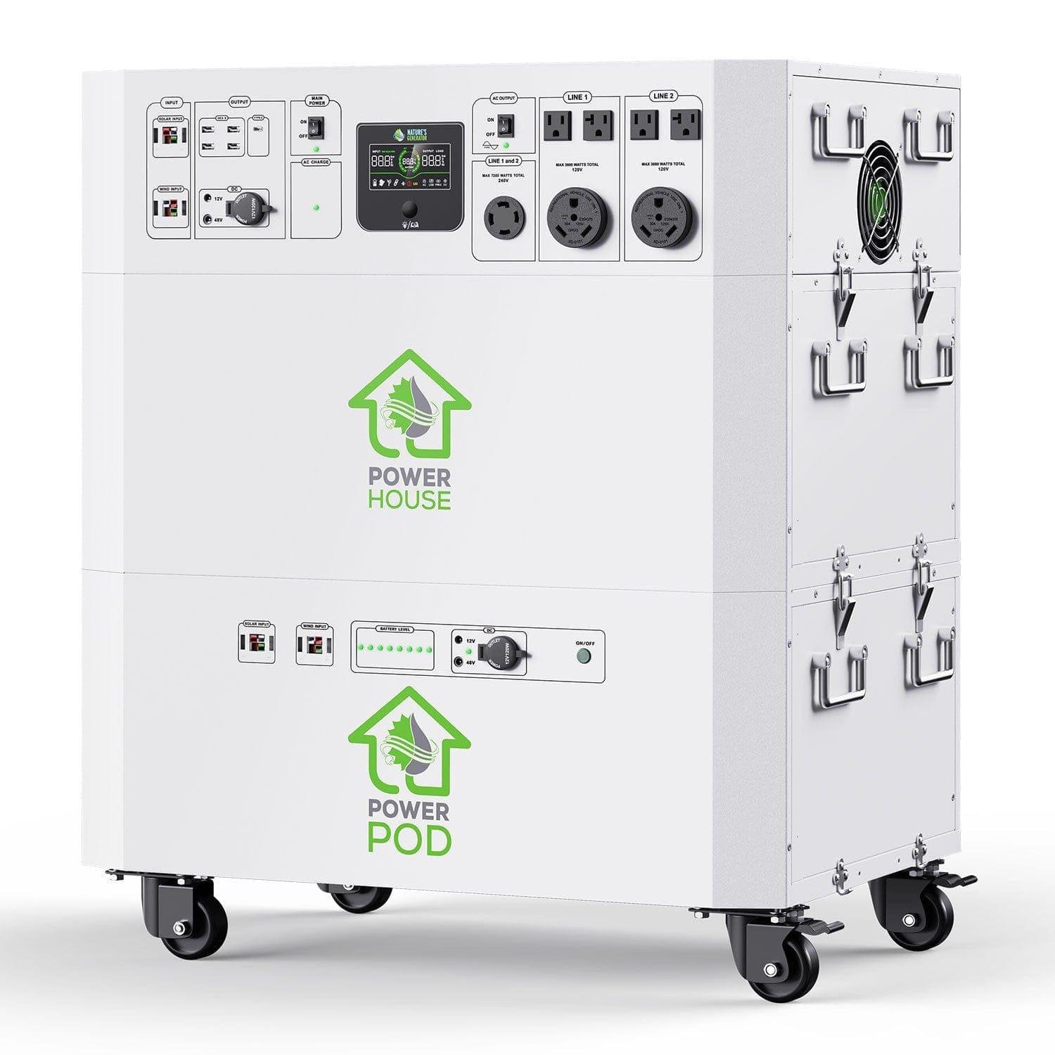 A white portable electric generator for home, branded "Nature's Generator Power Pod," features multiple outlets, control panels, a ventilation fan, side metallic handles, and is mounted on four caster wheels.