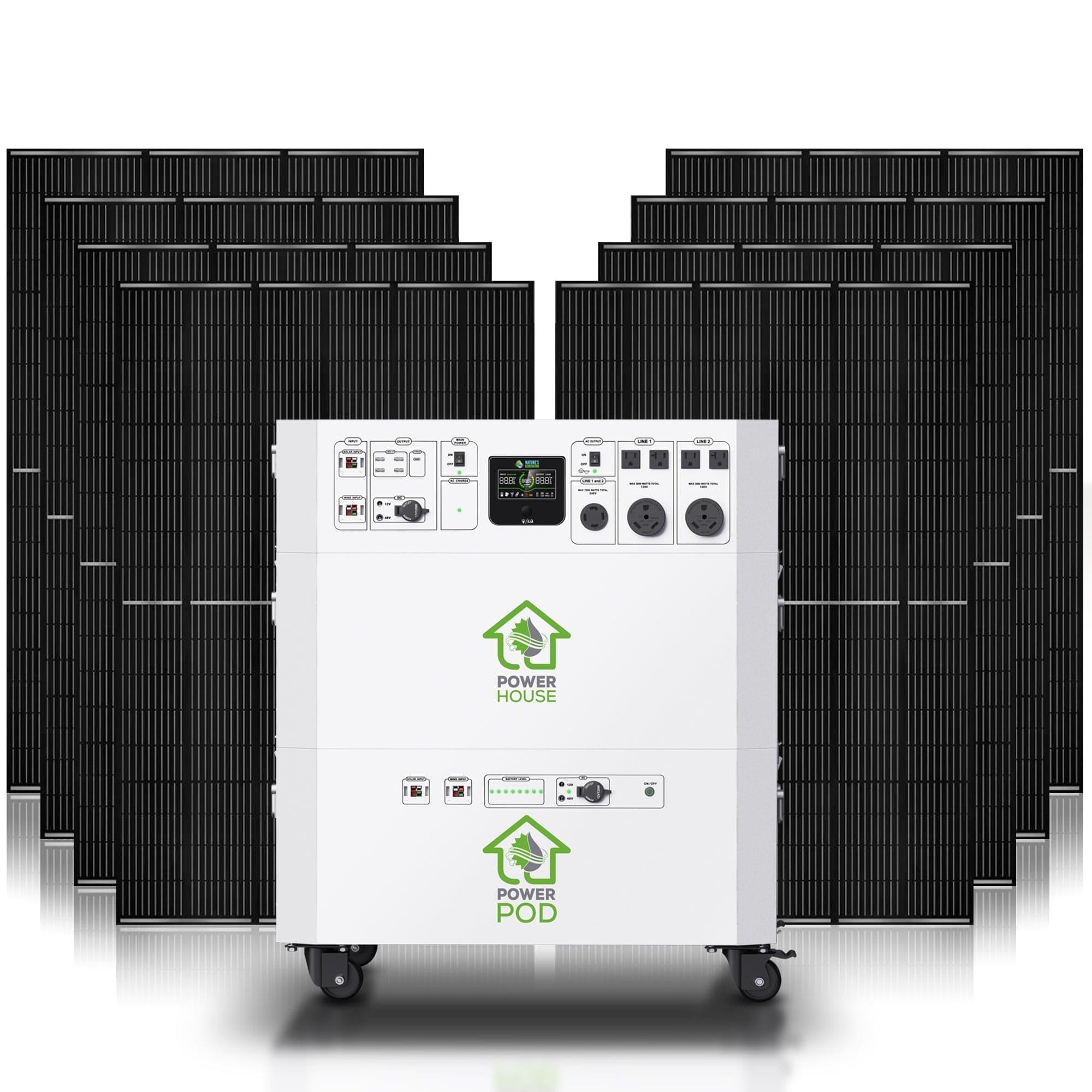 A Nature's Generator Power House Power Pod, a portable home battery backup with multiple power outlets and display screens, is shown in front of twelve black solar panels, offering reliable home energy solutions.